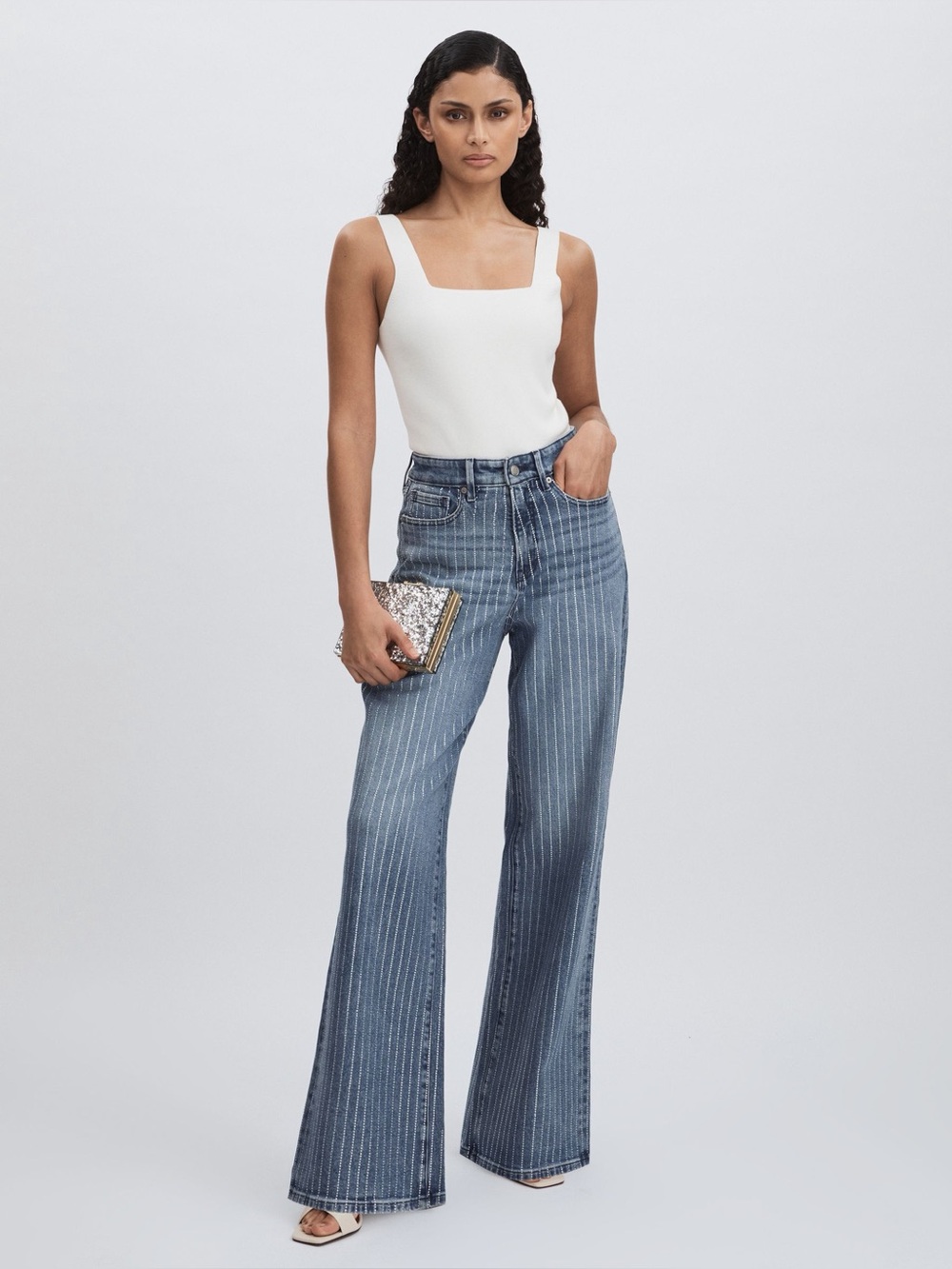 Good American Rhinestone Pinstripe Wide Leg Jeans